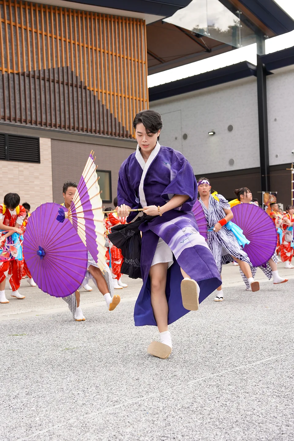 山田祭りで紫の衣装と番傘で舞う踊り手たちの手踊り
